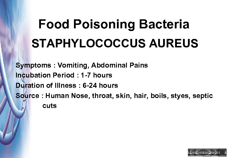 Food Poisoning Bacteria STAPHYLOCOCCUS AUREUS Symptoms : Vomiting, Abdominal Pains Incubation Period : 1