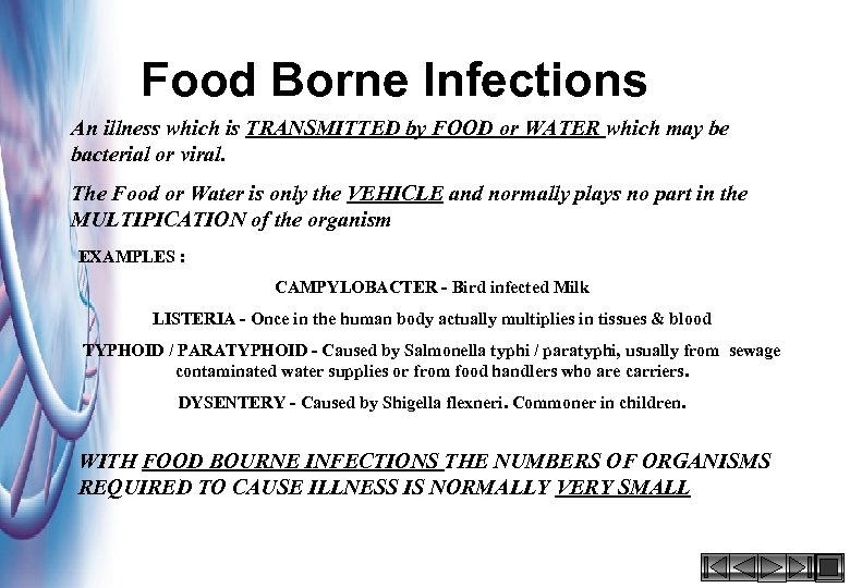 Food Borne Infections An illness which is TRANSMITTED by FOOD or WATER which may