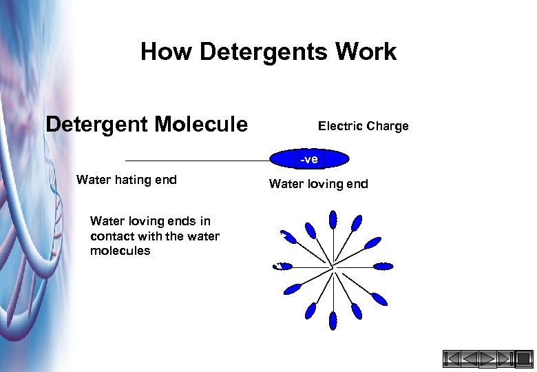 How Detergents Work Detergent Molecule Electric Charge -ve Water hating end Water loving ends
