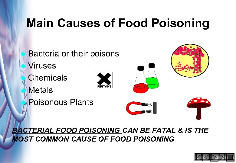Main Causes of Food Poisoning u Bacteria or their poisons u Viruses u Chemicals