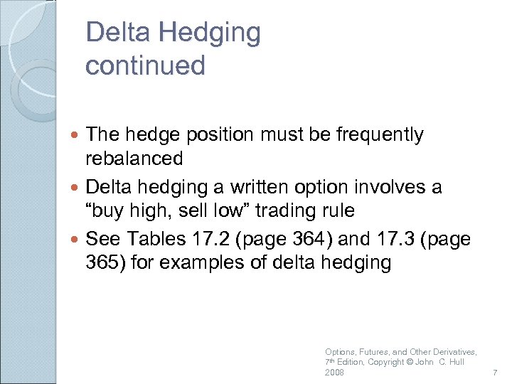 Delta Hedging continued The hedge position must be frequently rebalanced Delta hedging a written