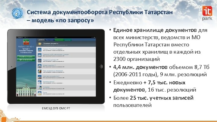 Система документооборота Республики Татарстан – модель «по запросу» ЕМСЭД ОГВ ОМС РТ • Единое