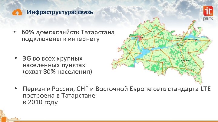 Инфраструктура: связь • 60% домохозяйств Татарстана подключены к интернету • 3 G во всех