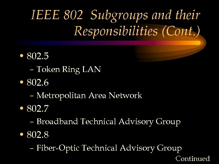 IEEE 802 Subgroups and their Responsibilities (Cont. ) • 802. 5 – Token Ring