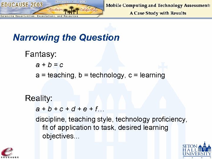 Narrowing the Question Fantasy: a+b=c a = teaching, b = technology, c = learning