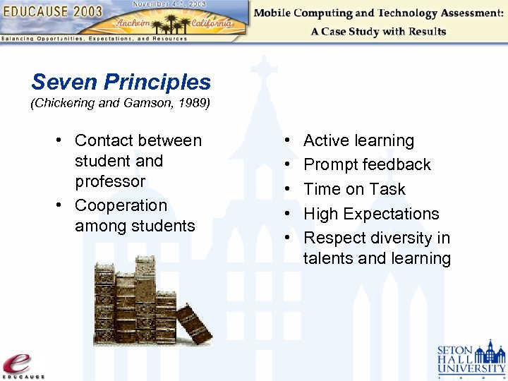Seven Principles (Chickering and Gamson, 1989) • Contact between student and professor • Cooperation