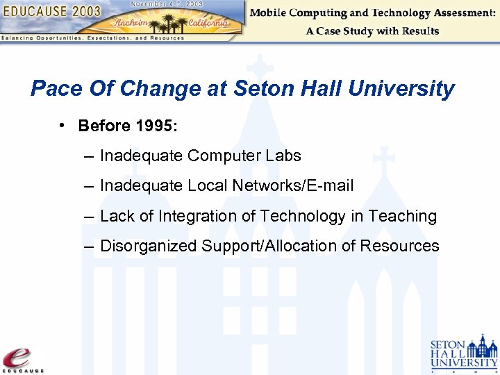 Pace Of Change at Seton Hall University • Before 1995: – Inadequate Computer Labs