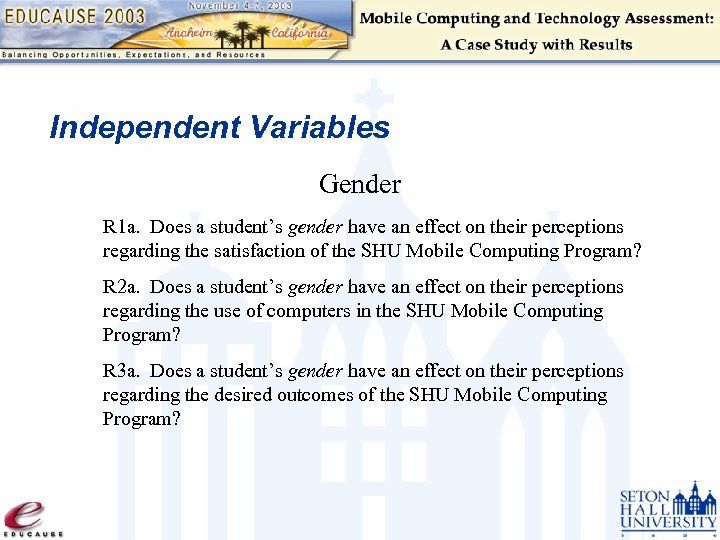 Independent Variables Gender R 1 a. Does a student’s gender have an effect on