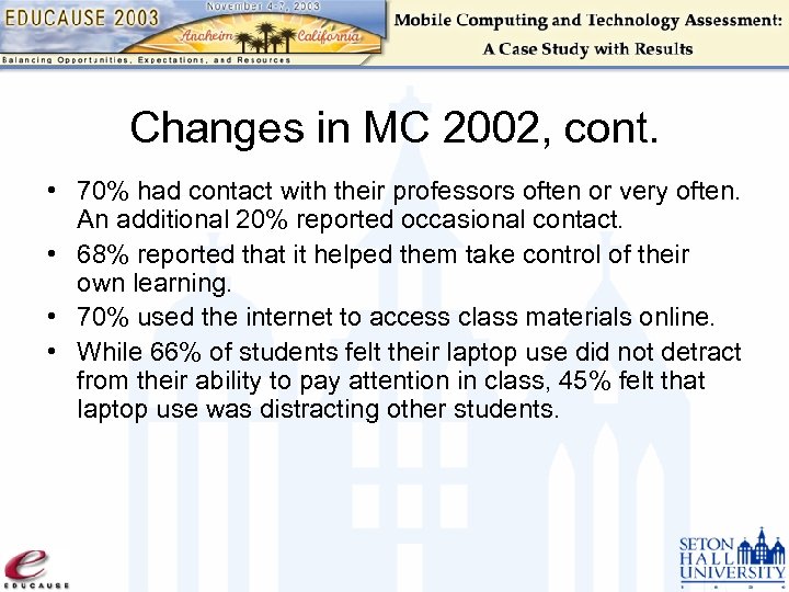 Changes in MC 2002, cont. • 70% had contact with their professors often or
