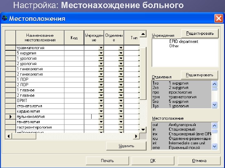 Настройка: Местонахождение больного 
