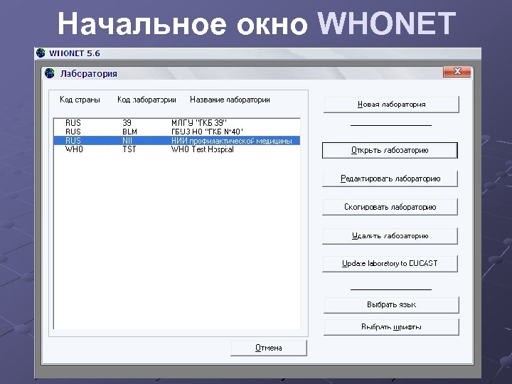 Начальное окно WHONET 