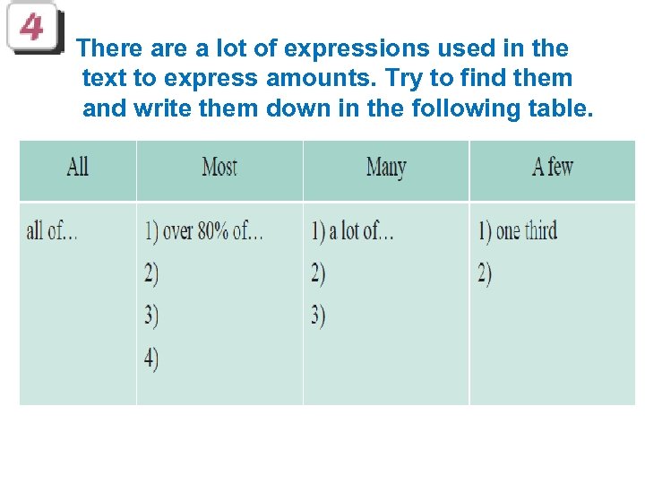 There a lot of expressions used in the text to express amounts. Try to