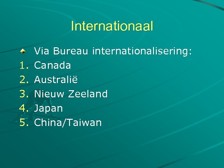 Internationaal 1. 2. 3. 4. 5. Via Bureau internationalisering: Canada Australië Nieuw Zeeland Japan