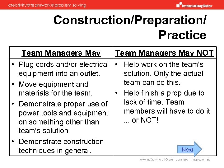 Construction/Preparation/ Practice Team Managers May NOT • Plug cords and/or electrical • Help work