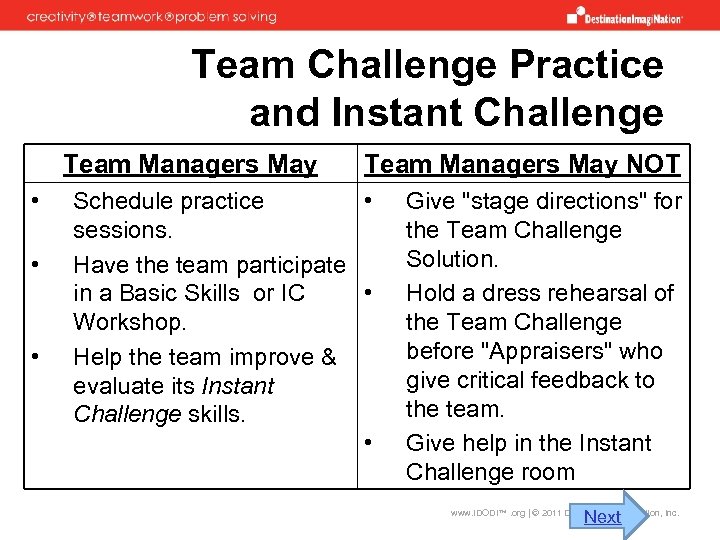 Team Challenge Practice and Instant Challenge Team Managers May • • • Team Managers