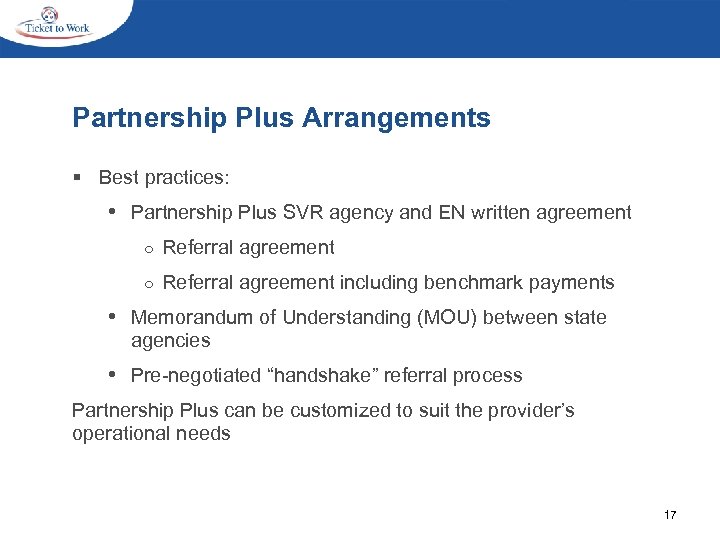 Partnership Plus Arrangements § Best practices: • Partnership Plus SVR agency and EN written