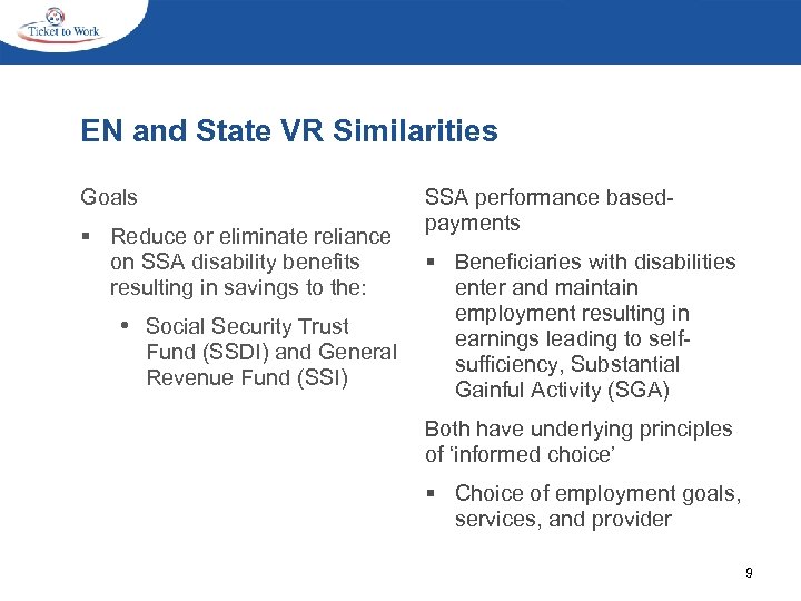 EN and State VR Similarities Goals § Reduce or eliminate reliance on SSA disability