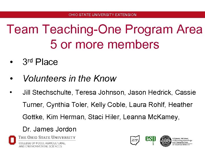 OHIO STATE UNIVERSITY EXTENSION Team Teaching-One Program Area 5 or more members • 3