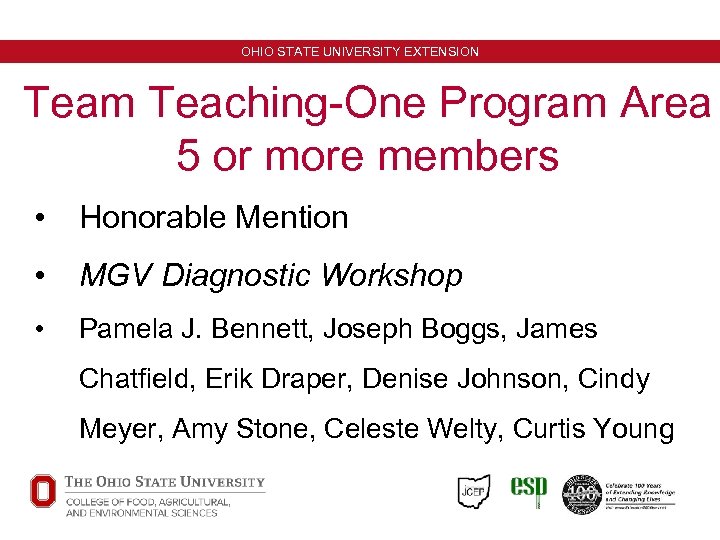 OHIO STATE UNIVERSITY EXTENSION Team Teaching-One Program Area 5 or more members • Honorable