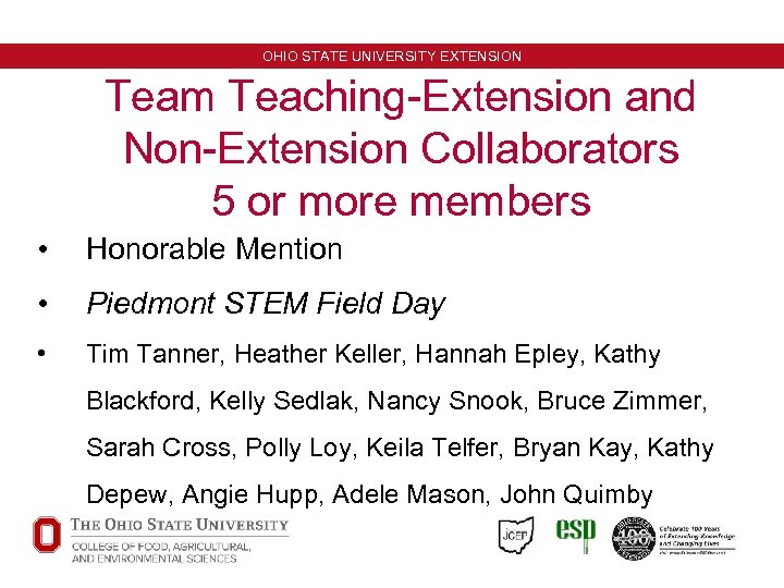 OHIO STATE UNIVERSITY EXTENSION Team Teaching-Extension and Non-Extension Collaborators 5 or more members •