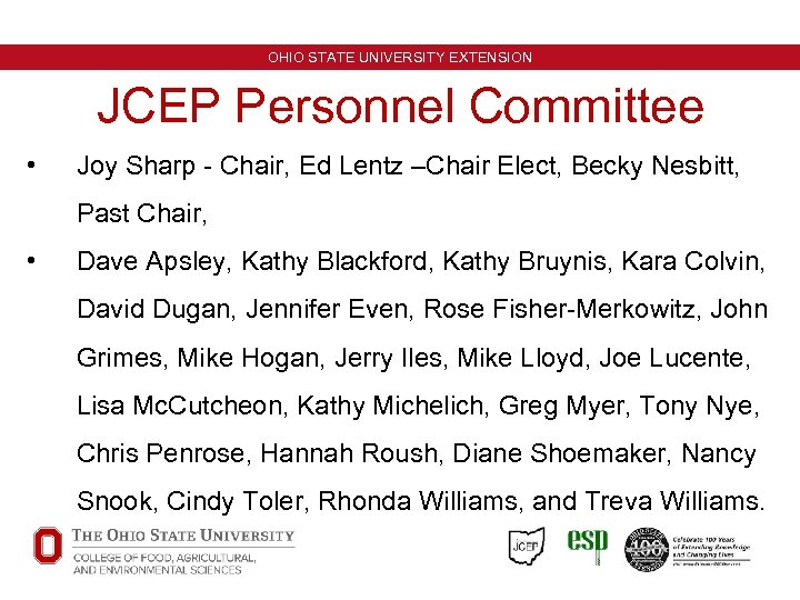 OHIO STATE UNIVERSITY EXTENSION JCEP Personnel Committee • Joy Sharp - Chair, Ed Lentz