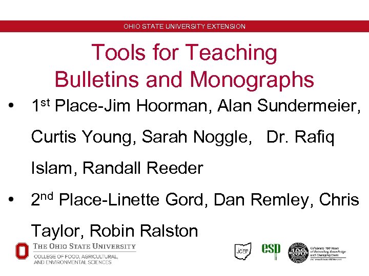 OHIO STATE UNIVERSITY EXTENSION Tools for Teaching Bulletins and Monographs • 1 st Place-Jim