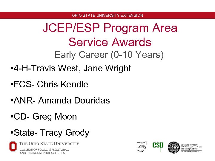 OHIO STATE UNIVERSITY EXTENSION JCEP/ESP Program Area Service Awards Early Career (0 -10 Years)