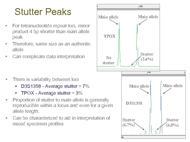 Stutter Peaks • • • For tetranucleotide repeat loci, minor product 4 bp shorter