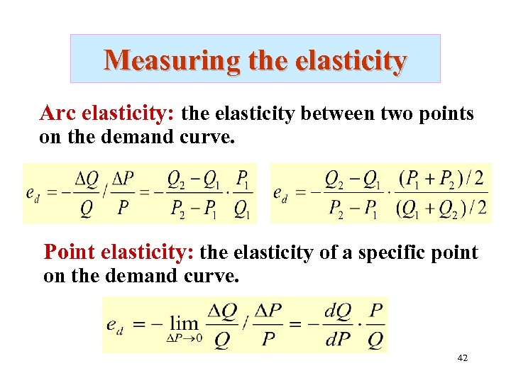 Measuring the elasticity Arc elasticity: the elasticity between two points on the demand curve.