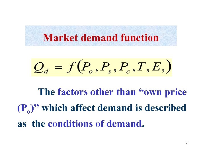 Market demand function The factors other than “own price (Po)” which affect demand is