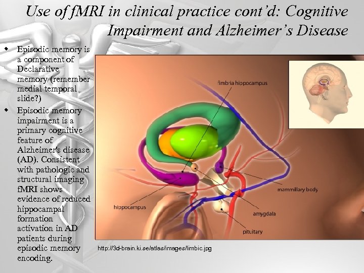Use of f. MRI in clinical practice cont’d: Cognitive Impairment and Alzheimer’s Disease w