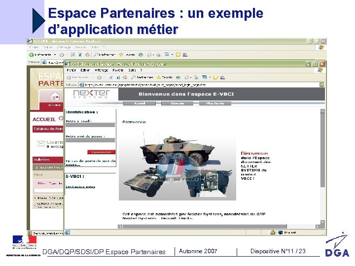 Espace Partenaires : un exemple d’application métier MINISTÈRE DE LA DÉFENSE DGA/DQP/SDSI/DP Espace Partenaires
