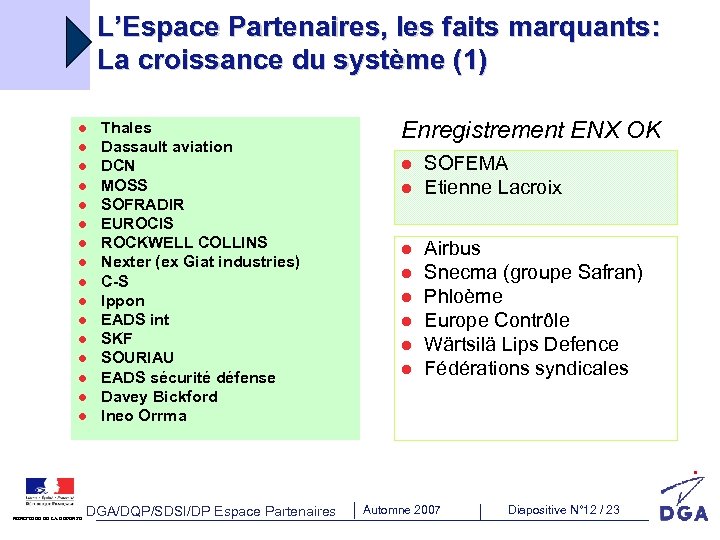 L’Espace Partenaires, les faits marquants: La croissance du système (1) l l l l