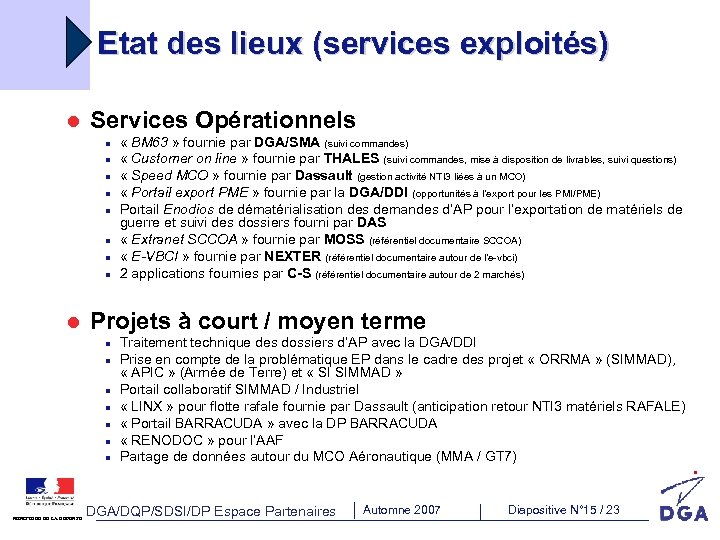 Etat des lieux (services exploités) l Services Opérationnels n n n n l Projets