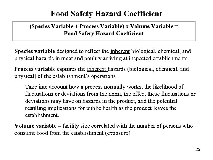 Food Safety Hazard Coefficient (Species Variable + Process Variable) x Volume Variable = Food