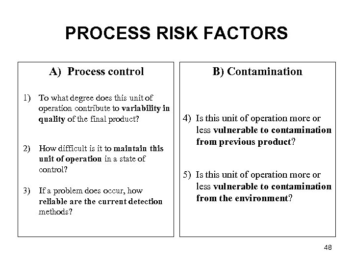 PROCESS RISK FACTORS A) Process control 1) To what degree does this unit of