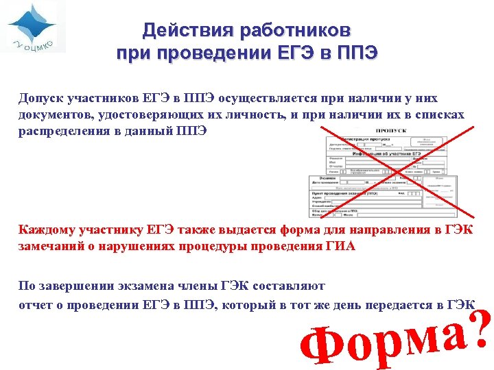 Действия работников при проведении ЕГЭ в ППЭ Допуск участников ЕГЭ в ППЭ осуществляется при