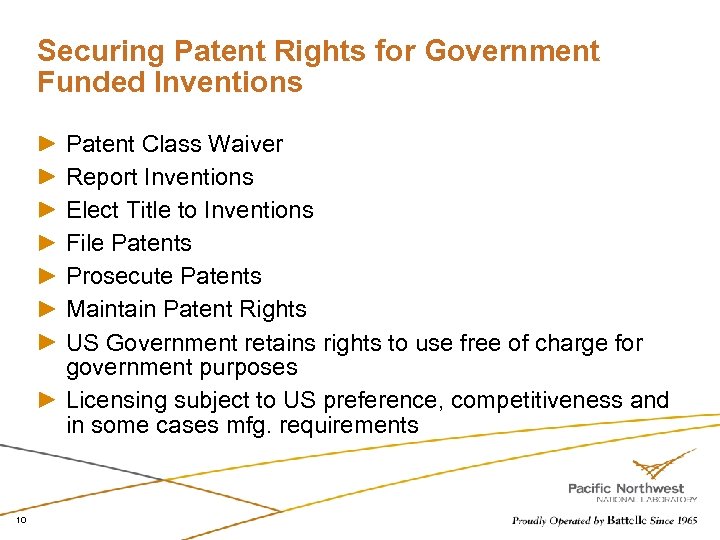 Securing Patent Rights for Government Funded Inventions Patent Class Waiver Report Inventions Elect Title