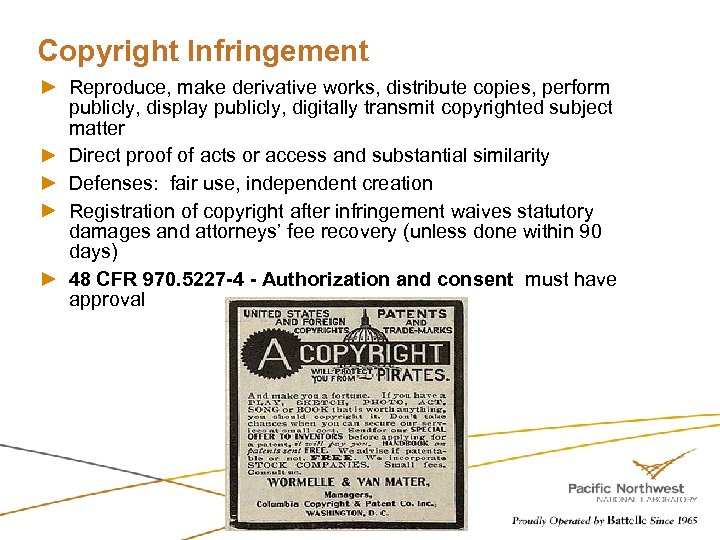 Copyright Infringement Reproduce, make derivative works, distribute copies, perform publicly, display publicly, digitally transmit