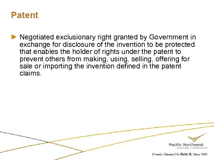 Patent Negotiated exclusionary right granted by Government in exchange for disclosure of the invention