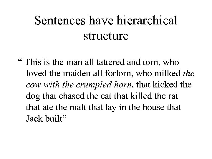 Sentences have hierarchical structure “ This is the man all tattered and torn, who
