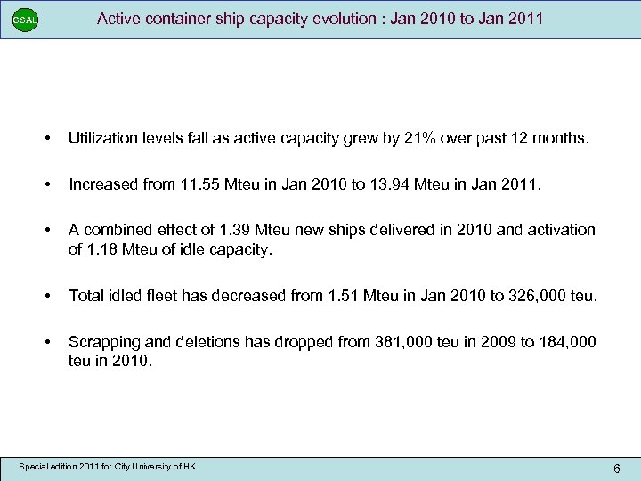Active container ship capacity evolution : Jan 2010 to Jan 2011 GSAL • Utilization
