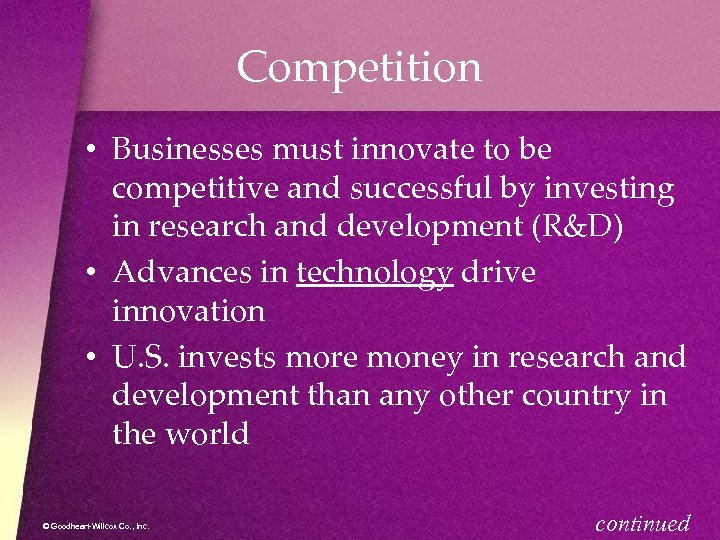 Competition • Businesses must innovate to be competitive and successful by investing in research