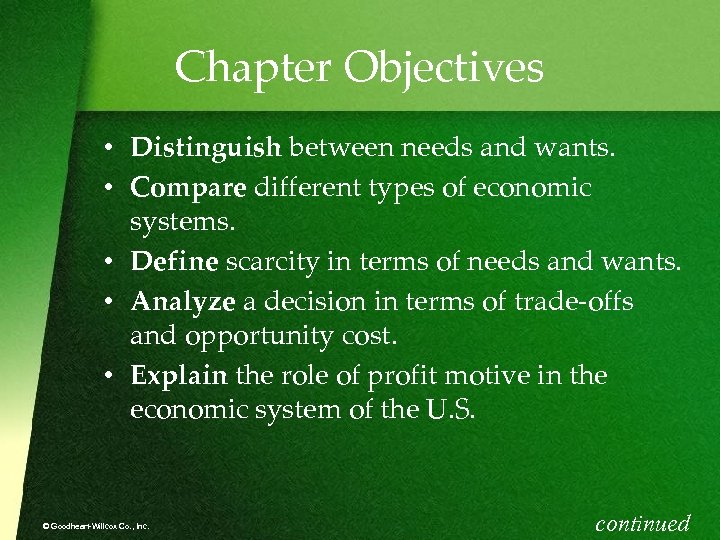 Chapter Objectives • Distinguish between needs and wants. • Compare different types of economic