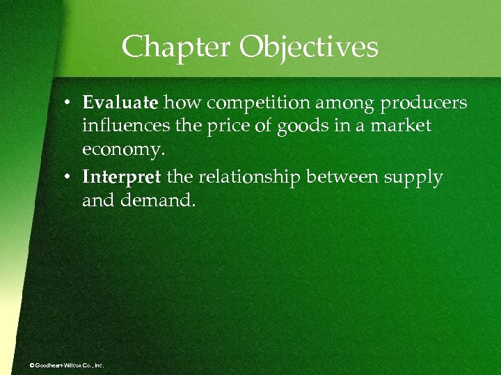 Chapter Objectives • Evaluate how competition among producers influences the price of goods in