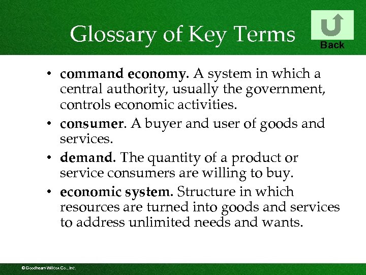 Glossary of Key Terms Back • command economy. A system in which a central