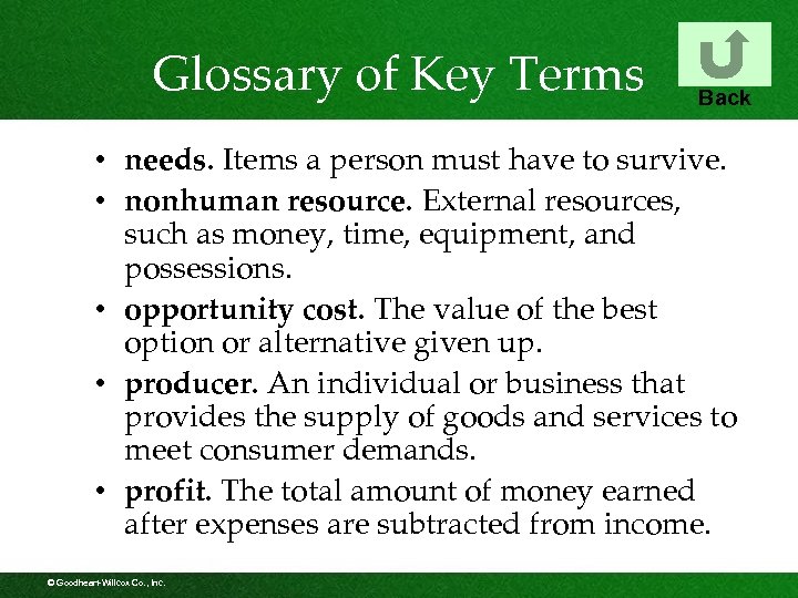 Glossary of Key Terms Back • needs. Items a person must have to survive.