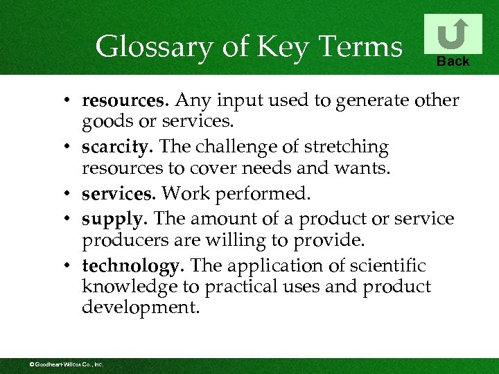 Glossary of Key Terms Back • resources. Any input used to generate other goods