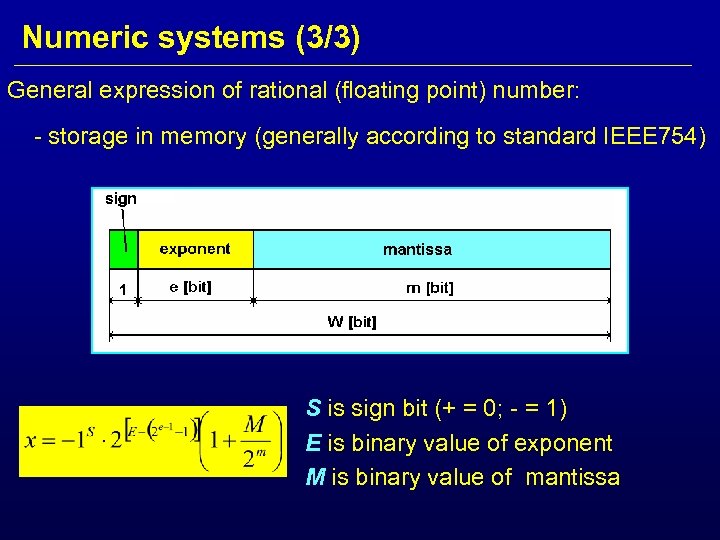 Numeric systems (3/3) General expression of rational (floating point) number: - storage in memory