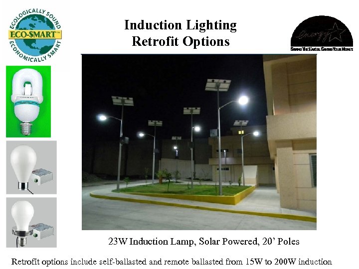 Induction Lighting Retrofit Options 23 W Induction Lamp, Solar Powered, 20’ Poles Retrofit options